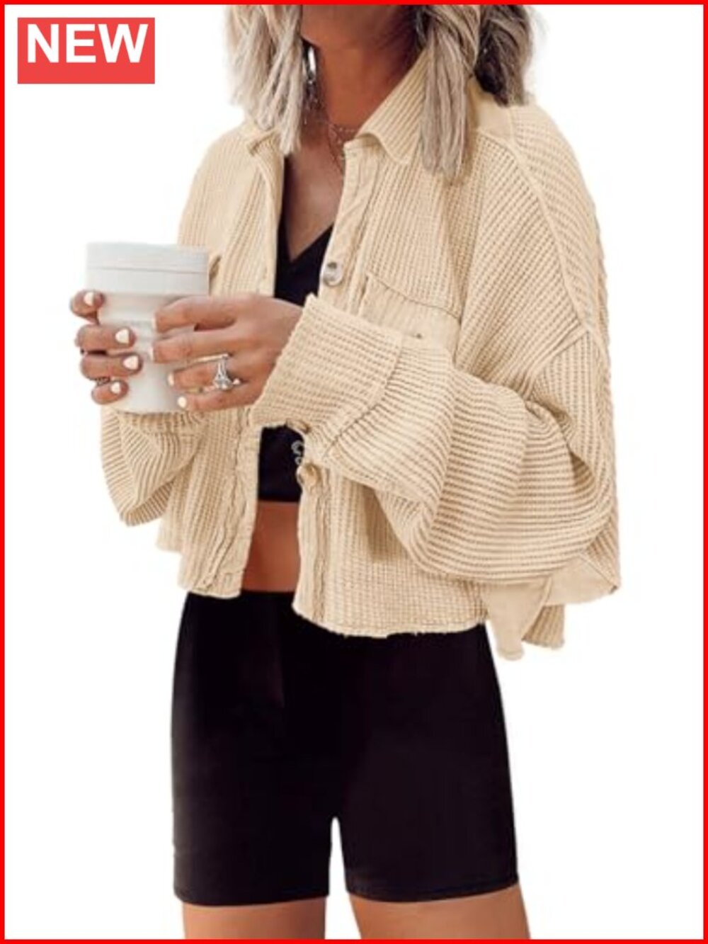 Waffle Knit Cropped Cardigan Button Down Shacket Oversized Dolman Sleeve